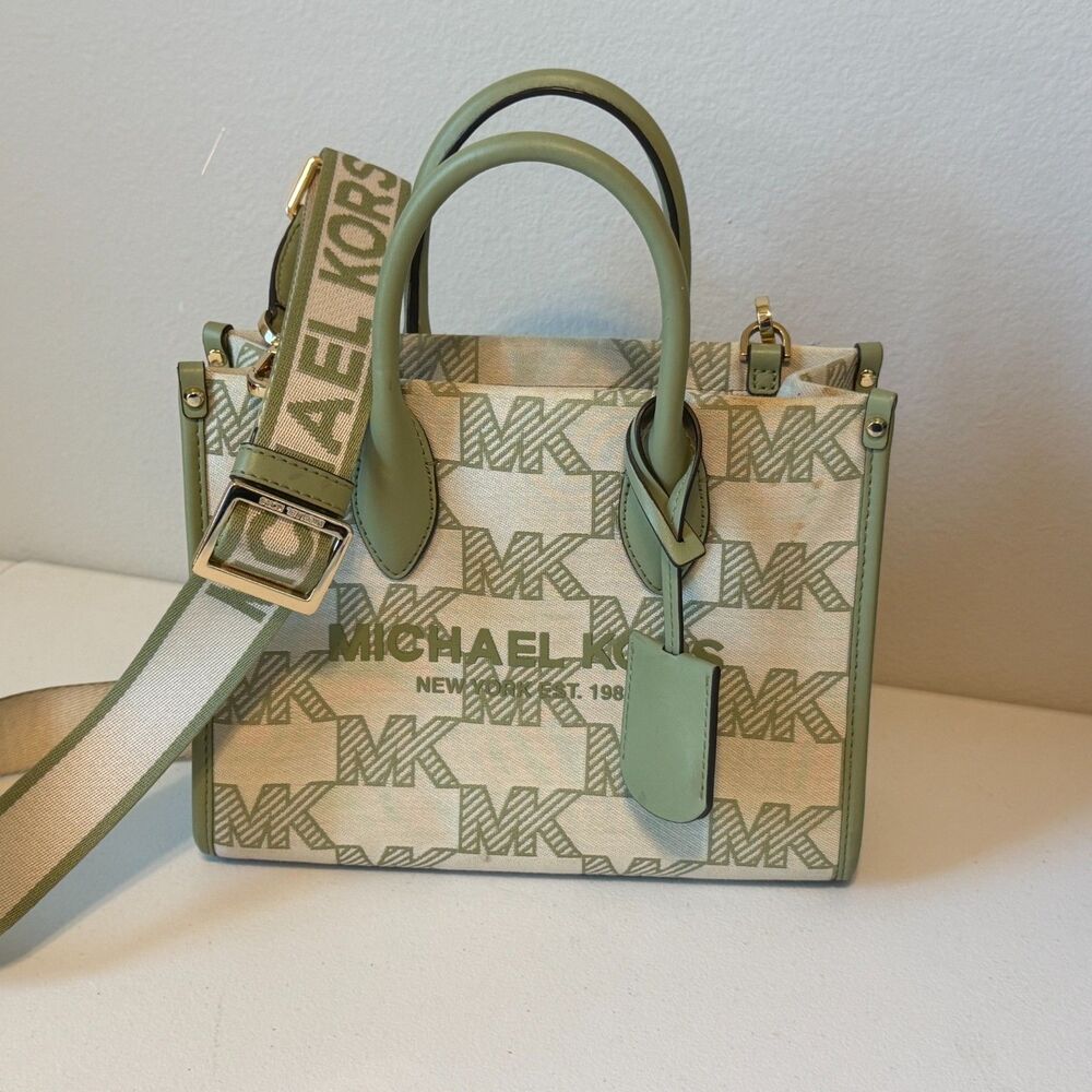 Michael Kors Mirella Small Jacquard Tote Crossbody Bag MK Graphic Logo Green - Picture 3 of 13
